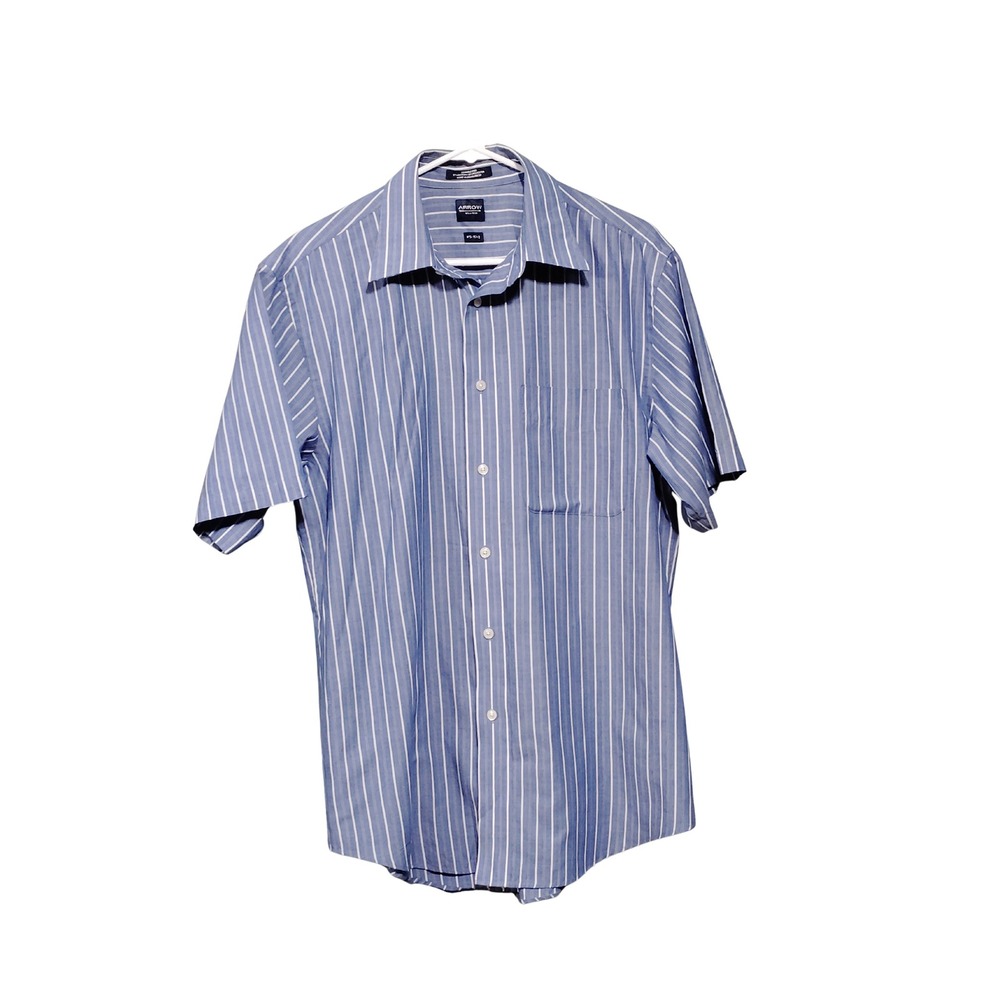 Arrow Mens Blue White Striped Short Sleeve Button Down Shirt Wrinkle Free M 15.5